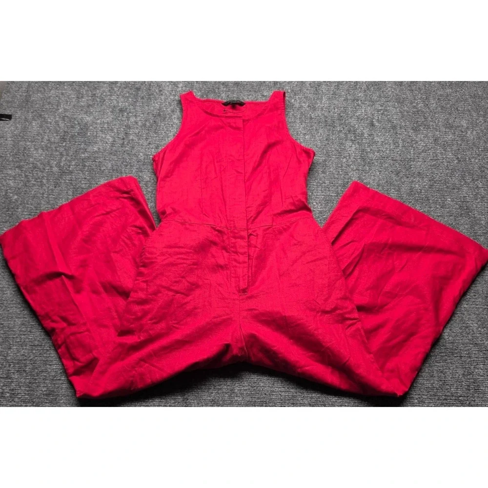 Banana Republic Jumpsuit Womens Linen 0 Sleeveless Wide Leg Crop V Neck Zip Red